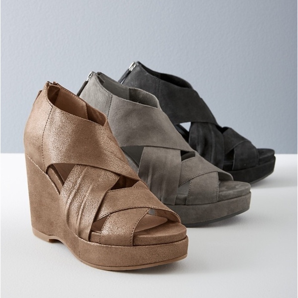 Eileen Fisher Bella Leather Wedge Sandals In Grey Size 9.5 New!
